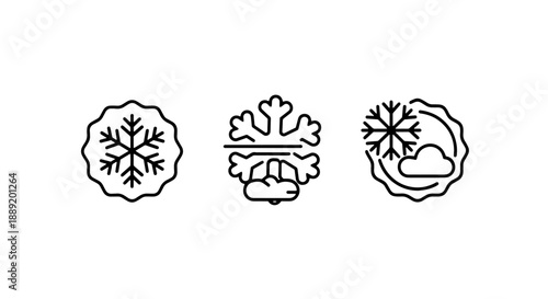 Set of Minimalist Snowflake and Winter Weather Line Icons with Cloud Elements, Ideal for Cold Season Forecasts, Holiday Themes, and Frosty Designs