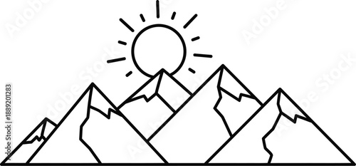 Simple black line illustration of a majestic mountain range with a radiant sun shining brightly overhead daily