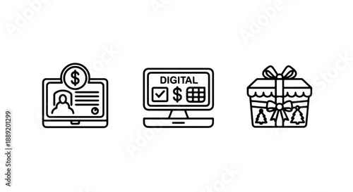 Digital Finance and Gifting Line Art Icons Featuring Online Transactions, Money Management, and E-commerce Gift Boxes, Perfect for Digital Services and Holiday Shopping