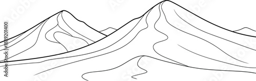 Majestic mountain range illustration with flowing lines and minimalist design on a clean white background is visible