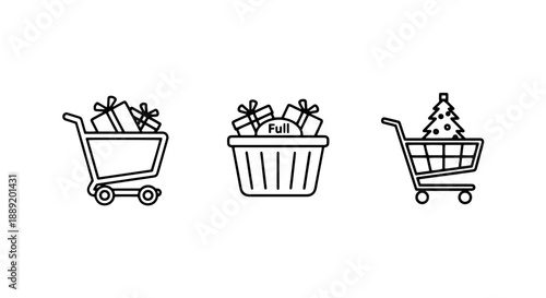 Festive Holiday Shopping and Christmas Gift Basket Line Art Icons, Ideal for E-commerce, Retail Sales, and Seasonal Promotions