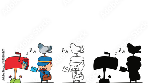 A colorful illustration of a mailman with a bird on his head singing with musical notes