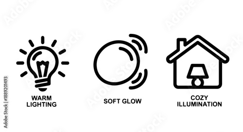 Cozy Home Lighting Icons: Warm Soft Glow and Gentle Illumination for Relaxing Interior Ambiance