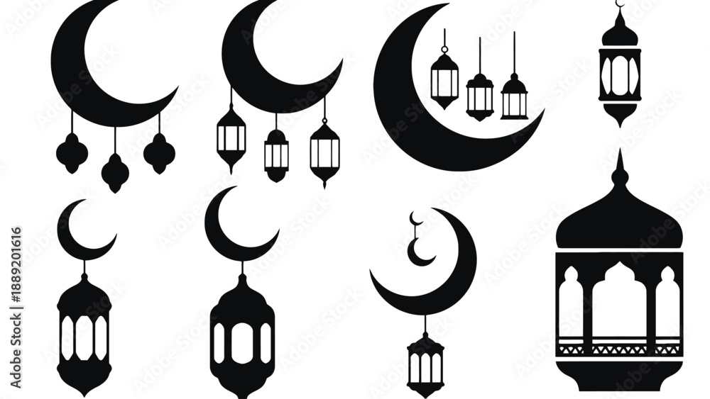 Naklejka premium A collection of black silhouettes of crescent moons and lanterns on a white background