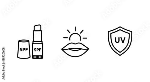 SPF Lip Balm Icons: UV Protection and Sun Care for Healthy, Hydrated Lips in Summer and Outdoors