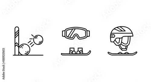 Winter Sports Equipment Icons: Skiing, Snowboarding Gear, Helmets, and Goggles for Mountain Adventures