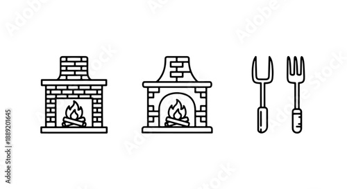 Cozy Fireplace and Hearth Icons: Warm Burning Wood and Home Heating Tools for Winter Comfort