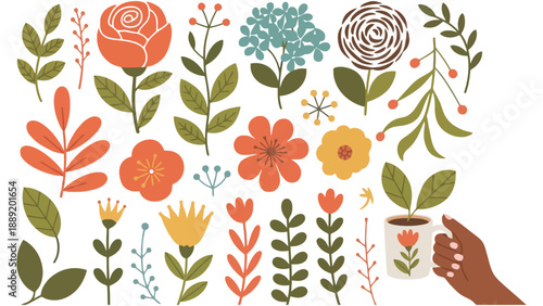 A hand holding a mug with a small plant surrounded by various colorful flowers and leaves