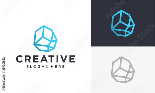 Geometric shapes forming a 3D logo design on a clean white and dark background, showcasing creativity and innovation.