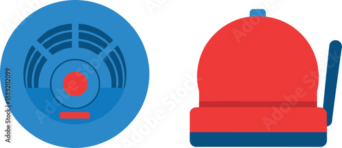 Illustration of Smoke Detector and Fire Alarm Bell Icons for Emergency Preparedness, Fire Safety, and Building Security Themes