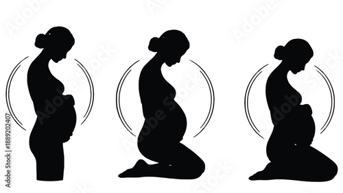 A pregnant woman in different poses highlighting her growing belly and pregnancy journey