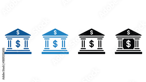 A set of bank icons in different colors on a white background