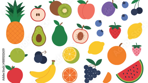 A colorful illustration of various fruits on a white background for healthy eating