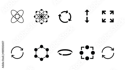 A collection of black and white icons representing science and recycling concepts