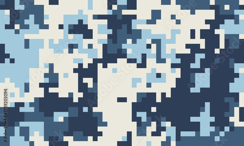 Abstract pixelated camouflage pattern in cool blue and offwhite tones.  Ideal for backgrounds, textiles, or digital projects needing a modern, subtly textured aesthetic.