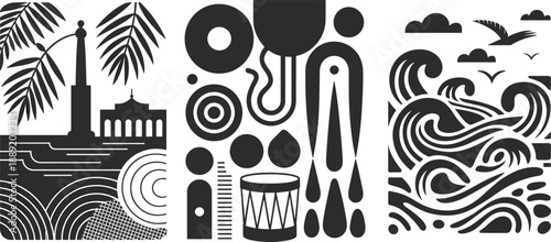 Set of three trendy black and white coastal vector illustrations featuring lighthouse ocean waves seagulls and abstract geometric shapes for summer travel graphic design