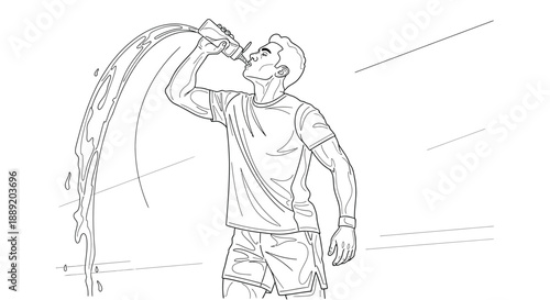 Young man drinking water from a bottle with a refreshing splash of water