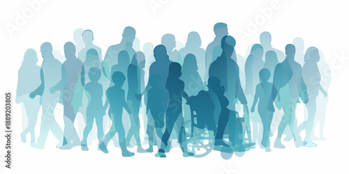 Abstract depiction of a diverse crowd including a person in a wheelchair