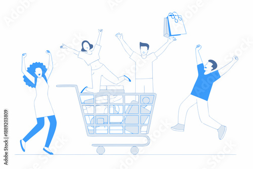 Joyful group celebrates with shopping bags and a full shopping cart