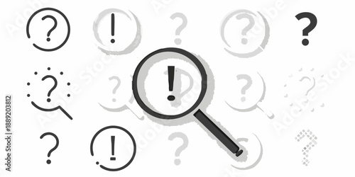 Various question marks and exclamation points with a magnifying glass