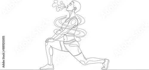 Continuous line drawing of a person stretching and smoking a cigarette with athletic wear