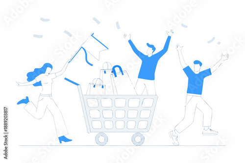 Joyful shoppers celebrate purchases with confetti and a full shopping cart