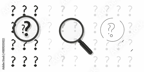 Searching for answers amidst a sea of question marks illustrated with magnifying glasses
