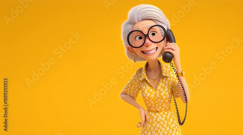 A cartoon elderly woman with glasses talking on a vintage phone