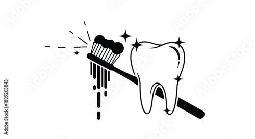 Black illustration of toothbrush cleaning a tooth with sparkles