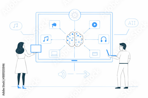 Artificial intelligence concept with people interacting with a smart screen