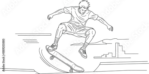 Skateboarder in mid-air performs an impressive trick on a skateboard with urban cityscape in the background setting