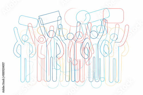 Abstract line drawing depicting a crowd of people with raised arms