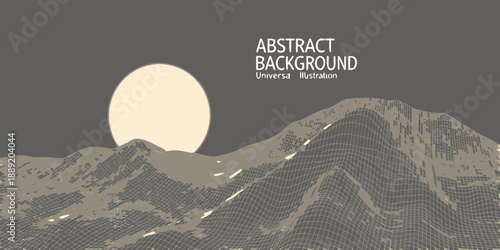 Abstract mountain landscape with a large pale moon in the night sky