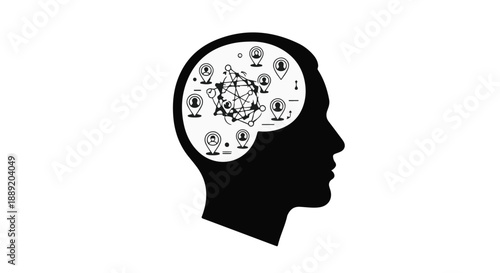 Black silhouette of a human head with a complex network of icons and symbols inside the brain