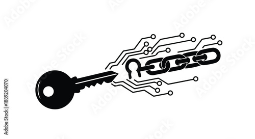 Black key unlocking digital chain on circuit board background