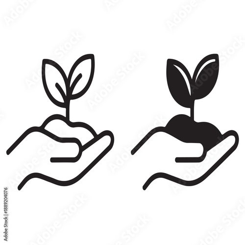 Hands holding green plant seedling line and glyph style icon with leaf sprout symbol for growth conservation ecology nature care and agriculture concept