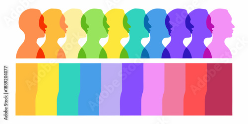 A row of colorful silhouette heads above a matching rainbow gradient