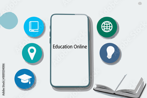 Online education concept with smartphone icons and an open book