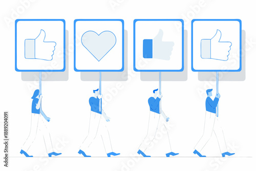 People carrying social media icons representing likes and hearts on sticks