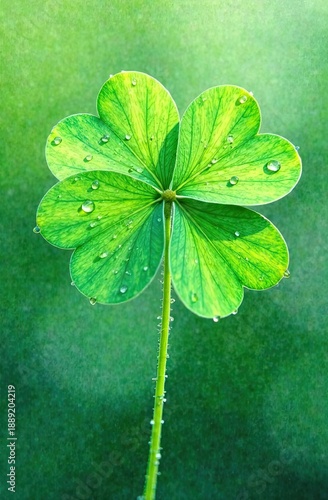 A single four-leaf clover grows from soil under a bright sun. Symbol of luck and nature for St. Patrick's Day. Concept of hope, fortune and positive beginning