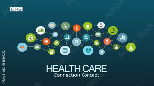 Fotografi Healthcare network concept with interconnected icons and a teal background