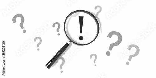 A magnifying glass focuses on an exclamation point amidst many question marks