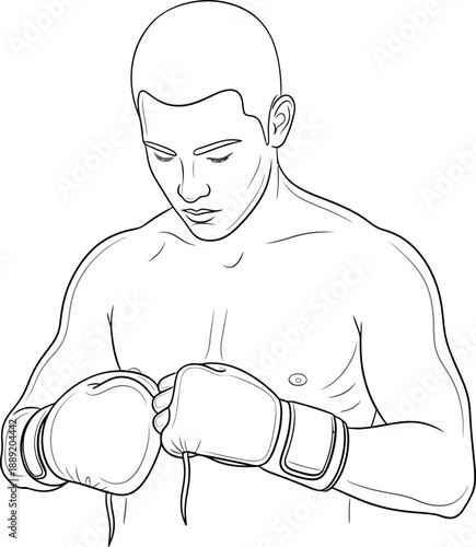 Determined boxer prepares for a fight with gloved fists and focused expression