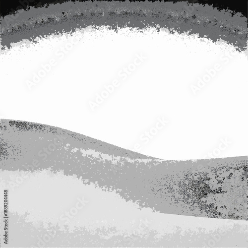 A grayscale landscape featuring mountains and a bright central light source