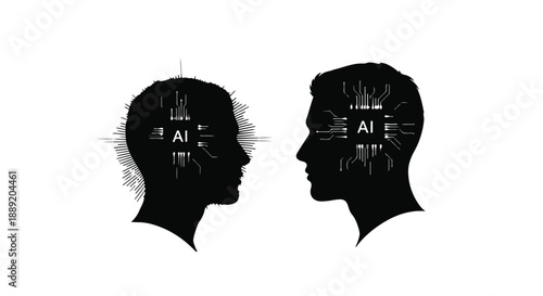 Silhouettes of two heads with AI circuitry and data visualization