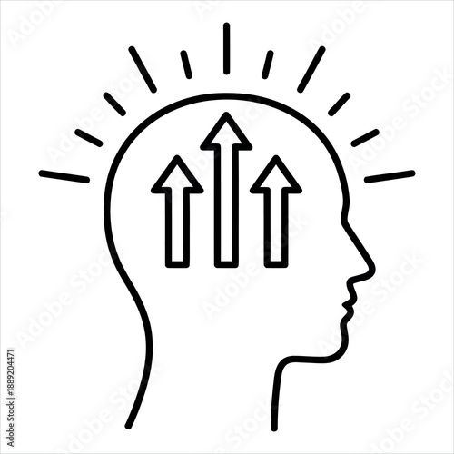Illustration of a human head profile with three upward arrows representing growth and progress