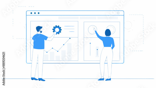 Team collaboration on a digital interface with data visualization elements