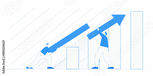People pushing a large upward trending arrow representing growth and success