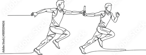 Two male athletes in athletic attire exchanging a baton during a relay race with energetic body language
