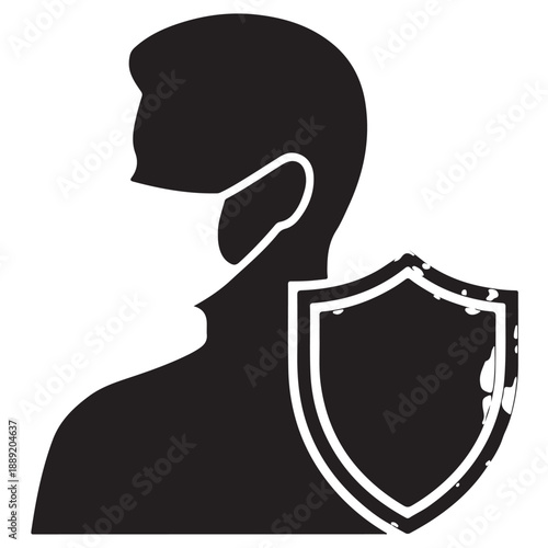 Silhouette of person wearing face mask with protective shield icon symbolizing health and safety, representing pandemic awareness and protection, isolated on transparent background